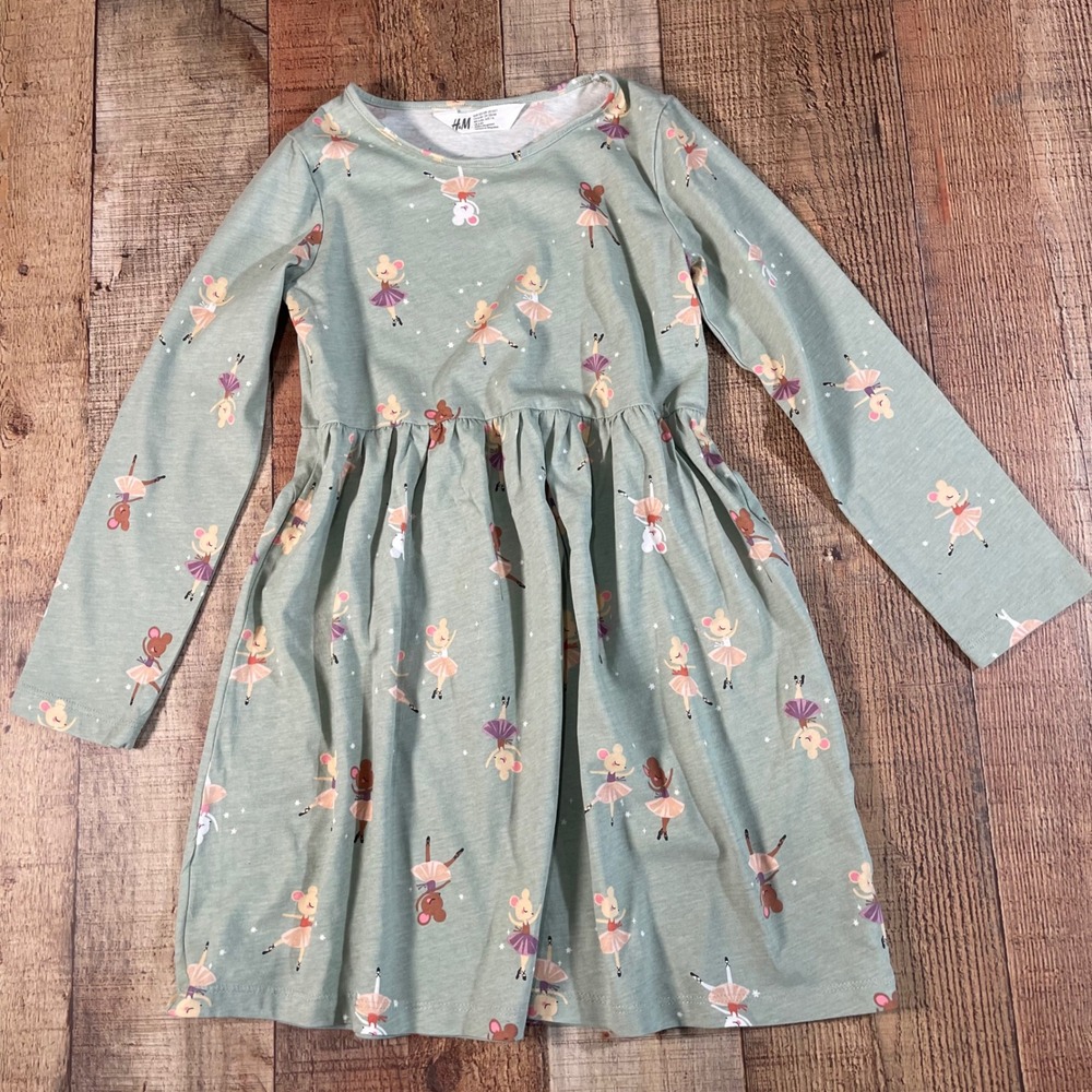 H&M Green Ballerina Mouse Print Cotton Long Sleeve Jersey Dress Size 6X/7 Ballet